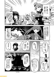  5girls ahoge asashimo_(kantai_collection) bow bowtie braid breasts comic commentary corset french_braid fubuki_(kantai_collection) greyscale hair_over_one_eye hat kantai_collection kumano_(kantai_collection) large_breasts long_hair low_ponytail mini_hat mizumoto_tadashi monochrome multiple_girls non-human_admiral_(kantai_collection) pleated_skirt pola_(kantai_collection) ponytail school_uniform serafuku shirt short_ponytail side_braid sidelocks skirt translation_request wavy_hair white_shirt zara_(kantai_collection) 