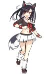  1girl animal_ears atsushi_(aaa-bbb) azur_lane black_hair blush breasts cleavage eyebrows_visible_through_hair fang hair_between_eyes highres loafers long_hair looking_at_viewer loose_socks midriff multicolored_hair navel off_shoulder one_leg_raised open_mouth pleated_skirt red_eyes red_ribbon ribbon school_uniform scrunchie serafuku shigure_(azur_lane) shoes short_sleeves simple_background skirt smile socks solo tail two-tone_hair white_background white_skirt wolf_ears wolf_tail 