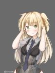  1girl absurdres alternate_hair_length alternate_hairstyle black_neckwear blonde_hair blush breasts closed_mouth eyebrows_visible_through_hair girls_frontline green_eyes highres large_breasts long_hair looking_at_viewer pouty_lips sketch sobmarine solo twitter_username upper_body welrod_mk2_(girls_frontline) 