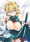  1girl 3: absurdres alternate_costume artoria_pendragon_(all) bangs blonde_hair blue_eyes blush braid breasts china_dress chinese_clothes closed_mouth cowboy_shot double_bun dress fan fate/grand_order fate_(series) folding_fan hair_between_eyes hair_intakes hair_rings hands_up highres holding jie_laite large_breasts long_hair looking_at_viewer saber simple_background solo tsurime water_drop white_background 