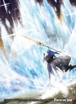  1girl back blue_hair boots cape copyright_name fangs force_of_will gloves ice long_hair official_art open_mouth polearm solo sparkle spear weapon 