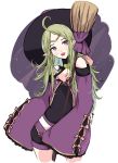  1girl ahoge alternate_costume bare_shoulders blush fire_emblem fire_emblem:_kakusei fire_emblem_heroes green_hair hair_ornament halloween highres long_hair long_sleeves looking_at_viewer mamkute nana_(mizukas) nowi_(fire_emblem) pendant pointy_ears smile solo violet_eyes witch 