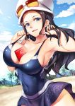  1girl 2017 absurdres armpits arms_up beach between_breasts black_hair blue_eyes breasts cellphone cleavage clouds cloudy_sky collarbone commentary_request covered_navel cowboy_shot dated day dress eyewear_on_headwear graphite_(medium) hand_in_hair hat highres large_breasts long_hair looking_at_viewer nico_robin one_piece outdoors palms parted_lips phone signature sky smartphone spaghetti_strap standing strap_pull swimsuit traditional_media upper_body x-boy 