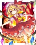  1girl :d ascot commentary_request daiki_ine flandre_scarlet grin hat highres light_brown_hair long_hair looking_at_viewer mob_cap one_side_up open_mouth orange_eyes skirt skirt_lift smile solo touhou wings 