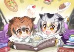  2girls :d book brown_eyes brown_hair commentary_request curry curry_rice drooling eurasian_eagle_owl_(kemono_friends) food gradient_hair head_wings highres holding japari_bun japari_symbol kemono_friends lying multicolored_hair multiple_girls northern_white-faced_owl_(kemono_friends) on_stomach open_mouth owl_ears pizza pointing reading rice sekiguchi_miiru short_hair silver_hair smile sparkle strawberry_shortcake sushi translation_request 
