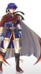  1boy armor asymmetrical_gloves blue_eyes blue_hair boots cape fire_emblem fire_emblem:_akatsuki_no_megami fire_emblem:_souen_no_kiseki gauntlets gloves headband highres ike nonoko_(671072) short_hair solo tunic 