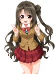  1girl :d bow bowtie brown_eyes brown_hair cowboy_shot double_v highres idolmaster idolmaster_cinderella_girls long_hair looking_at_viewer one_side_up open_mouth ruu_(tksymkw) shimamura_uzuki simple_background skirt smile solo v very_long_hair wavy_hair white_background 