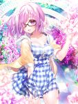  1girl :d black-framed_eyewear blush breasts cleavage collarbone cowboy_shot dajyu day dress fate/grand_order fate_(series) floating_hair long_hair looking_at_viewer medium_breasts open_mouth outdoors pink_flower pink_hair purple_flower shielder_(fate/grand_order) short_dress smile solo standing sundress violet_eyes 