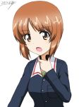  1girl artist_name bangs blue_jacket brown_eyes brown_hair bukkuri dated eyebrows_visible_through_hair girls_und_panzer green_shirt jacket long_sleeves looking_at_viewer military military_uniform nishizumi_miho ooarai_military_uniform open_mouth shirt short_hair signature simple_background sketch solo standing throat_microphone uniform upper_body white_background 