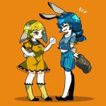  2girls :3 animal_ears arms_behind_back blonde_hair blue_hair blue_shorts blush_stickers bunny_tail closed_eyes commentary_request cosplay costume_switch dress floppy_ears hat hat_removed headwear_removed holding kneehighs long_hair looking_at_another low_twintails multiple_girls open_mouth orange_background orange_eyes pale_skin rabbit_ears ringo_(touhou) see-through seiran_(touhou) short_dress short_hair shorts simple_background smile solo sparkle striped striped_legwear tail touhou twintails yellow_dress yellow_legwear yt_(wai-tei) 