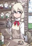  1girl :/ alpaca_ears alpaca_suri_(kemono_friends) animal_ears beige_vest cup fur_collar grey_eyes hair_bun hair_tie highres indoors jar kemono_friends long_sleeves looking_to_the_side pouring red_neckwear shell solo takoongyi teacup teapot upper_body window 