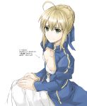  1girl ahoge arrow artoria_pendragon_(all) bangs blue_dress blue_ribbon braid breasts cleavage_cutout closed_mouth commentary_request dress elf_(stroll_in_the_woods) fate_(series) graphite_(medium) hair_ribbon highres light_smile long_sleeves looking_at_viewer ribbon saber short_hair simple_background sitting small_breasts solo tied_hair traditional_media translation_request white_background 