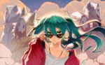  1girl collarbone earrings floating_hair green_eyes green_hair hair_between_eyes hatsune_miku jewelry kkmi long_hair looking_over_sunglasses necklace red_sweater shirt solo suna_no_wakusei_(vocaloid) twintails upper_body vocaloid white_shirt 