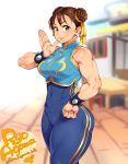  1girl agawa_ryou alternate_costume artist_name bare_shoulders bracelet breasts brown_eyes brown_hair capcom chun-li covered_navel curvy double_bun female hand_on_hip jewelry looking_at_viewer medium_breasts short_hair signature smile solo spiked_bracelet spikes standing street_fighter thick_thighs thighs toned wide_hips 