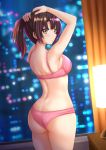  1girl adjusting_hair alternate_hairstyle ass bangs blurry blurry_background blush bra breasts brown_eyes brown_hair cowboy_shot curvy depth_of_field eyebrows_visible_through_hair highres indoors katou_megumi kazenokaze lace lace-trimmed_bra lamp looking_at_viewer looking_back medium_breasts night panties parted_lips pink_bra pink_panties saenai_heroine_no_sodatekata short_hair short_ponytail solo standing underwear window 