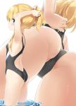  1girl adjusting_clothes adjusting_swimsuit arms_up ass black_swimsuit blonde_hair blue_eyes breasts competition_swimsuit cowboy_shot from_below hair_between_eyes looking_at_viewer multiple_views one-piece_swimsuit original peko profile shimotsuki_potofu sidelocks simple_background small_breasts swimsuit tying_hair wading white_background 