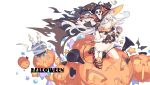  1girl absurdres alternate_costume amatsukaze_(kantai_collection) animal black_cat candle candy cat fang food hair_between_eyes halloween halloween_costume hat highres jack-o&#039;-lantern kantai_collection litsvn long_hair pumpkin rensouhou-kun silver_hair single_thighhigh smile solo striped striped_legwear thigh-highs two_side_up white_background witch_hat yellow_eyes 