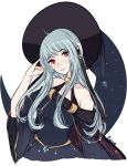  1girl alternate_costume bare_shoulders blue_hair dress fire_emblem fire_emblem:_rekka_no_ken fire_emblem_heroes hair_ornament halloween highres long_hair looking_at_viewer mamkute nana_(mizukas) ninian red_eyes smile solo witch with_you 