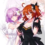  2girls ;d ahoge black_dress black_gloves black_ribbon breasts brown_eyes brown_hair choker cleavage collarbone dress earrings eyebrows_visible_through_hair fate/grand_order fate_(series) fingerless_gloves flower fujimaru_ritsuka_(female) gloves hair_between_eyes hair_flower hair_ornament hair_over_one_eye hair_ribbon hand_on_hip heart index_finger_raised jewelry long_hair medium_breasts multiple_girls one_eye_closed one_side_up open_mouth purple_hair ribbon ribbon_choker shielder_(fate/grand_order) shiny shiny_skin short_hair smile standing striped striped_dress upper_body violet_eyes white_background white_dress white_flower white_gloves white_ribbon yaoshi_jun zoom_layer 