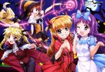  4girls :d ;d absurdres alice_(wonderland) alice_(wonderland)_(cosplay) arisa_bannings bat blonde_hair brown_hair cape cosplay fake_horns fangs fate_testarossa ferret full_moon grin halloween halloween_costume hat highres lipstick long_hair long_sleeves low_twintails lyrical_nanoha mahou_shoujo_lyrical_nanoha mahou_shoujo_lyrical_nanoha_the_movie_3rd:_reflection makeup megami moon multiple_girls night official_art one_eye_closed open_mouth puffy_sleeves purple_hair smile star_(sky) takamachi_nanoha thigh-highs tree tsukimura_suzuka twintails vampire_costume witch_hat yuuno_scrya 