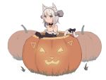  1girl animal_ears bare_shoulders bell bell_collar black_gloves blue_eyes bow breasts cat_ears cat_tail collar elbow_gloves expressionless eyebrows gloves halloween jack-o&#039;-lantern jingle_bell medium_breasts original pumpkin shone silver_hair simple_background solo tail tail_bow white_background 