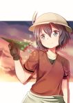  1girl black_eyes black_gloves black_hair bucket_hat clouds collarbone commentary dot_nose evening gloves hair_between_eyes hat hat_feather highres kaban_(kemono_friends) kemono_friends looking_away paper_airplane red_shirt sandstar shirt short_hair short_sleeves smile solo upper_body yasume_yukito 