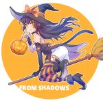  1girl bell bell_collar black_hair blake_belladonna boots broom broom_riding cat_tail collar english fang halloween halloween_costume hat high_heel_boots high_heels iesupa jack-o&#039;-lantern paw_pose rwby solo tail witch witch_hat yellow_eyes 