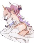  1girl ass azur_lane bare_shoulders breasts closed_mouth dress elbow_gloves gloves long_hair looking_back lying object_hug one_side_up purple_hair saboten shoulder_blades simple_background small_breasts solo stuffed_animal stuffed_toy thigh-highs unicorn_(azur_lane) violet_eyes white_background white_dress white_gloves white_legwear 