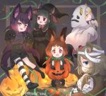  &gt;:d 5girls :d anger_vein animal_ears bandage bat_ears bat_wings black_legwear blue_eyes bow bowtie brown_hair brown_long-eared_bat_(kemono_friends) cape cat_ears cat_tail commentary_request common_vampire_bat_(kemono_friends) ears_through_headwear eyebrows_visible_through_hair fake_animal_ears fangs fraternal_myotis_(kemono_friends) ghost_costume gloves gradient_hair green_hair halloween halloween_costume hat hilgendorf&#039;s_tube-nose_bat_(kemono_friends) honduran_white_bat_(kemono_friends) jack-o&#039;-lantern kemono_friends kneehighs long_hair looking_at_viewer mismatched_legwear multicolored_hair multiple_girls open_mouth paw_gloves paws pink_eyes pumpkin_costume purple_hair red_eyes short_hair smile striped striped_legwear tail tatsuno_newo thigh-highs twitter_username white_hair wings witch_hat yellow_eyes 
