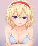  1girl alice_margatroid bangs bare_shoulders blonde_hair blue_bikini_top blue_eyes blush breasts cleavage closed_mouth commentary_request front-tie_top hair_between_eyes hairband hand_on_own_arm long_hair looking_at_viewer medium_breasts miyo_(ranthath) short_hair simple_background solo sweat touhou upper_body 