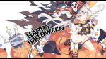  1girl alternate_costume amatsukaze_(kantai_collection) animal black_border black_cat border candle candy cat fang food hair_between_eyes halloween halloween_costume hat highres jack-o&#039;-lantern kantai_collection litsvn long_hair pumpkin rensouhou-kun silver_hair single_thighhigh smile solo striped striped_legwear thigh-highs two_side_up white_background witch_hat yellow_eyes 
