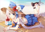  1girl arm_cuffs beach black_footwear blue_bikini_top blue_bow blue_eyes blue_nails blue_skirt bow breasts cleavage day fate/grand_order fate_(series) flower hat hat_bow hat_flower hibiscus high_heels iroha_(shiki) jewelry layered_skirt long_hair marie_antoinette_(fate/grand_order) marie_antoinette_(swimsuit_caster)_(fate) medium_breasts nail_polish necklace ocean outdoors red_flower red_nails ring silver_hair skirt smile solo strapless strapless_bikini striped striped_bow sun_hat the_pose twintails white_flower white_nails 