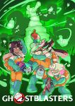 4girls boots callie_(splatoon) carrying dark_skin fangs ghost ghostbusters gloves green_footwear green_gloves gun highres looking_at_viewer marie_(splatoon) marina_(splatoon) mole mole_under_mouth multiple_girls open_mouth overalls parody pearl_(splatoon) princess_carry rubber_boots rubber_gloves salmon_run scared splatoon splatoon_1 splatoon_2 tearing_up tentacle_hair weapon wong_ying_chee