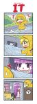  2girls 4koma bangs blonde_hair blunt_bangs bookshelf bowl chopsticks closed_eyes clown colonel_aki comic commentary_request flandre_scarlet it_(stephen_king) makeup multiple_girls open_mouth outstretched_arms paper_boat parody patchouli_knowledge purple_hair raincoat sidelocks sidewalk smile spread_arms squatting standing storm_drain surprised table touhou trash trash_bag violet_eyes wings 