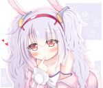  1girl all_fours animal_ears animal_print azur_lane bunny_print collarbone commentary_request fake_animal_ears finger_to_mouth hairband highres laffey_(azur_lane) long_hair looking_at_viewer red_eyes ridy_(ri_sui) silver_hair solo twintails 