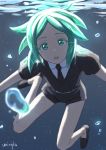  afloat androgynous bangs black_footwear black_shirt black_shorts bubble commentary_request green_eyes green_hair houseki_no_kuni looking_at_viewer no_socks parted_bangs parted_lips phosphophyllite shirt short_shorts short_sleeves shorts signature solo submerged umiroku underwater 