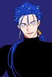  1boy black_shirt blue_background blue_hair closed_eyes commentary_request earrings eyelashes facing_viewer fate/stay_night fate_(series) glasses jewelry lancer long_hair male_focus parted_lips ponytail shirt simple_background smile solo turtleneck upper_body yosi135 