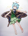  1girl :d animal_print barefoot black_shirt blue_hair butterfly_print butterfly_wings eternity_larva full_body green_skirt highres leaf looking_at_viewer open_mouth orange_eyes outstretched_arms sasa_kichi shirt short_hair short_sleeves skirt smile solo sparkle spread_arms touhou traditional_media wings 