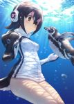  1girl air_bubble animal bird bird_tail black_hair blue_eyes blush breasts brown_eyes bubble closed_mouth commentary_request cowboy_shot eye_contact grape-kun guchico hair_between_eyes headphones hood hood_down hooded_jacket humboldt_penguin humboldt_penguin_(kemono_friends) jacket kemono_friends light_rays long_sleeves looking_at_another multicolored_hair outdoors penguin pink_hair short_hair small_breasts smile streaked_hair submerged sunbeam sunlight tail tareme thighs underwater water white_hair white_jacket zipper 
