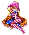  1girl american_flag american_flag_shirt bare_arms between_legs blonde_hair breasts clownpiece commentary_request full_body hand_between_legs hat head_tilt jester_cap lifted_by_self long_hair looking_at_viewer medium_breasts neck_ruff pink_eyes pink_hat polka_dot shimizu_pem shirt_lift short_sleeves simple_background sitting skin_tight smile solo star star_print striped touhou very_long_hair white_background 