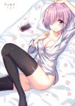  1girl absurdres bed_sheet black_legwear breasts cellphone collarbone dress_shirt eyebrows_visible_through_hair fate/grand_order fate_(series) gejigejier hair_over_one_eye highres lying medium_breasts on_back open_clothes open_shirt phone pillow pink_hair shielder_(fate/grand_order) shiny shiny_clothes shiny_skin shirt short_hair smartphone smile solo thigh-highs white_shirt zettai_ryouiki 
