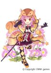  1girl :d acorn_bag animal_ears animal_hood argyle argyle_legwear arm_up bag bangs black_bow black_gloves blush bow capelet collared_shirt commentary_request daisy daisy_(flower_knight_girl) eyebrows_visible_through_hair fang floral_print flower flower_knight_girl full_body gloves hair_between_eyes hair_flaps hair_ornament hair_tie halloween heart hood hood_up hooded_capelet jack-o&#039;-lantern jack-o&#039;-lantern_hair_ornament jacket kurasuke long_hair looking_at_viewer low_twintails object_namesake official_art open_clothes open_jacket open_mouth orange_footwear orange_jacket outstretched_arm pantyhose pink_hair pleated_skirt print_jacket purple_skirt red_eyes shirt shoes shoulder_bag simple_background skirt smile solo squirrel_ears squirrel_hood squirrel_tail standing standing_on_one_leg star sword tail twintails underbust weapon white_background white_shirt 