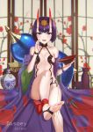  1girl :d artist_name barefoot blush breasts cup dasoey dated fate_(series) feet hair_ornament horns indoors looking_at_viewer oni oni_horns open_mouth pouring purple_hair sakazuki short_hair shuten_douji_(fate/grand_order) sitting small_breasts smile soles solo toes violet_eyes 