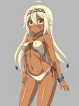  1girl :&lt; ahoge bangle bikini blonde_hair bracelet breasts character_request closed_mouth collarbone cowboy_shot dark_skin earrings erect_nipples eyebrows_visible_through_hair f_1chan facial_mark gluteal_fold hair_between_eyes hairband halterneck hand_on_own_thigh hoop_earrings jewelry long_hair medium_breasts navel solo swimsuit venus_eleven_vivid! white_bikini yellow_eyes 