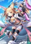  1girl :d animal_ears black_gloves black_legwear blue_sky braid breastplate clouds cloudy_sky french_braid gloves granblue_fantasy highres light_brown_hair long_hair looking_at_viewer mystic-san open_mouth shield sky smile solo sword thigh-highs weapon yellow_eyes yuisis_(granblue_fantasy) zettai_ryouiki 