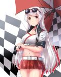  1girl alternate_costume breasts brown_eyes checkered cleavage commentary_request eyewear_on_head highres holding jewelry kantai_collection long_hair looking_at_viewer navel pleated_skirt ring shoukaku_(kantai_collection) skirt smile solo sunglasses umbrella wedding_band white_hair yukimi_unagi 