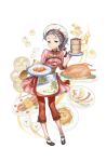  1girl apron baozi bird braid chicken dumpling food full_body green_eyes hat highres holding holding_plate looking_at_viewer nikki_quinnell official_art plate princess_principal princess_principal_game_of_mission purple_hair shoes shrimp smile solo standing transparent_background white_hat 