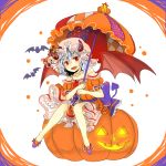  &gt;:d :d bat bat_wings bow brooch commentary_request demon_tail dress eyebrows_visible_through_hair fang frills halloween halloween_costume heart heart_tail holding holding_umbrella horns jack-o&#039;-lantern jewelry mangetsu_(yayoi) necklace open_mouth parasol patches puffy_short_sleeves puffy_sleeves pumpkin purple_ribbon red_eyes red_wings remilia_scarlet ribbon short_hair short_sleeves simple_background sitting smile strapless strapless_dress tail touhou umbrella wings 