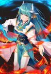 1girl eyebrows_visible_through_hair fan fate/grand_order fate_(series) fire floating_hair green_eyes green_hair hair_between_eyes hair_ornament highres holding holding_fan horns kiyohime_(fate/grand_order) long_hair omochi_(youmu46) parted_lips smile solo thigh-highs very_long_hair white_legwear 