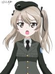  1girl artist_name bangs beret black_hat black_jacket black_neckwear black_ribbon brown_eyes bukkuri dated dress_shirt emblem eyebrows_visible_through_hair girls_und_panzer hair_ribbon hat jacket japanese_tankery_league_(emblem) light_brown_hair long_hair long_sleeves looking_at_viewer military military_hat military_uniform necktie open_mouth ribbon selection_university_(emblem) selection_university_military_uniform shimada_arisu shirt side_ponytail signature simple_background solo standing uniform upper_body white_background white_shirt 